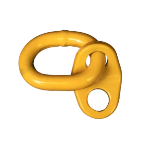 Canyon rigging product photo of engine lifting brackets. They are painted yellow and displayed on a black product wall.
