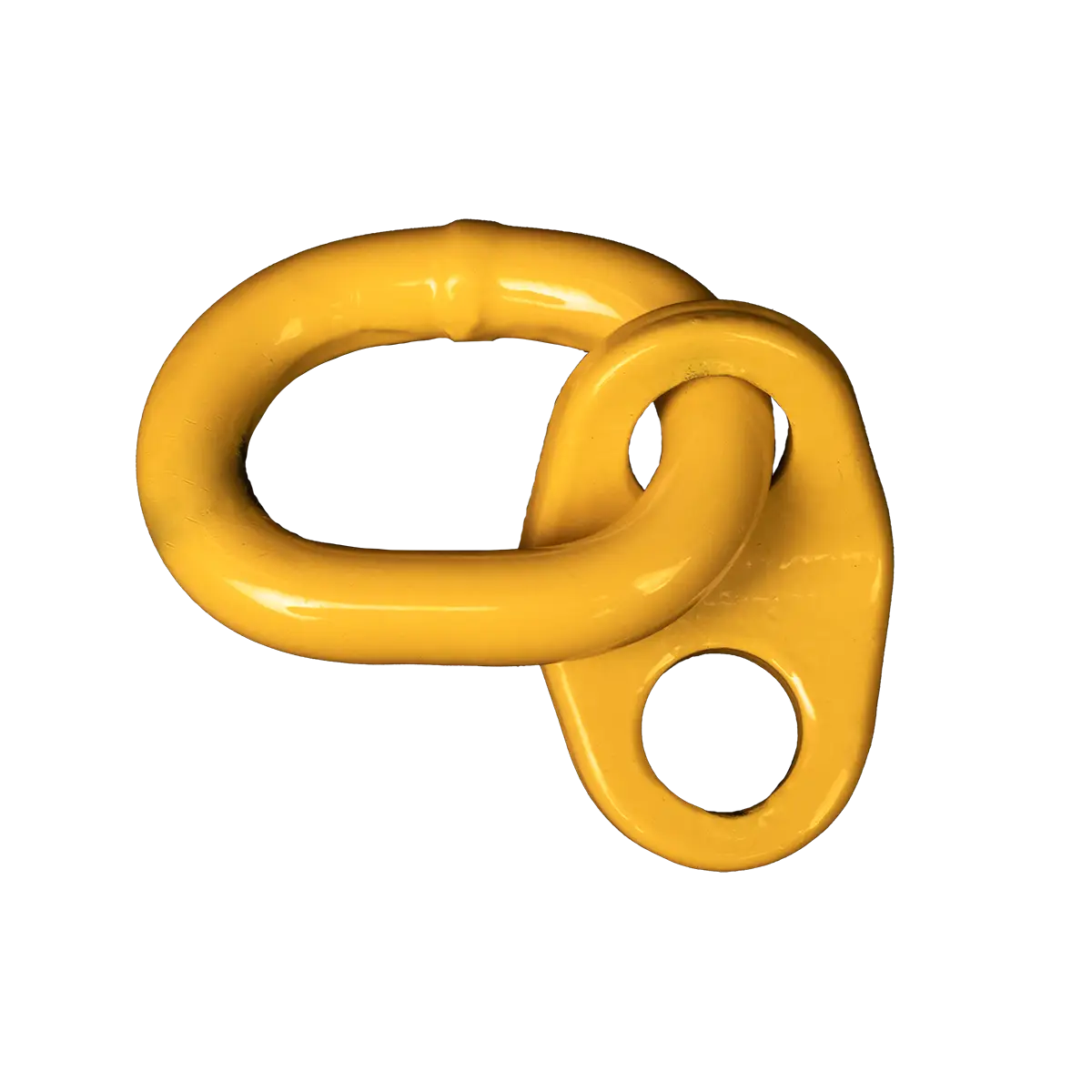 Canyon rigging product photo of engine lifting brackets. They are painted yellow and displayed on a black product wall.