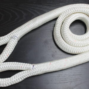 Canyon Rigging product photo of an auger rope. the rope is coiled in a circle and displays two eyes at ether end. the rope is braided and white.
