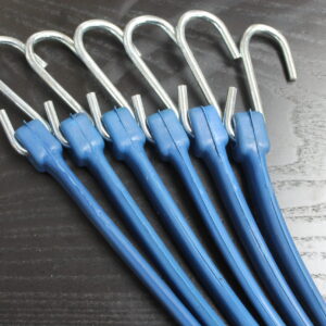 Product Photo of Bungee Cords. These cords are coloured blue and are equipped with a wire hook.
