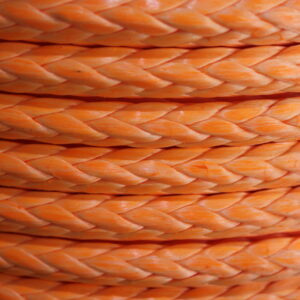 Product photo for Dyneema Synthetic Rope. This rope is coloured orange and rolled up.