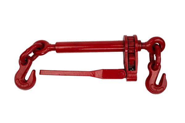 product photo of Canyon Rigging's folding handle ratchet boomers, ratchet load binders. the product is coloured red and has booth hooks angled down.