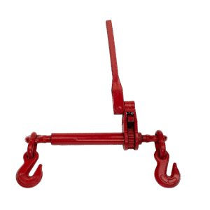 Product photo of Canyon Rigging's folding handle ratchet boomer, ratchet load binder. The Load binder has its handle out displaying its use.