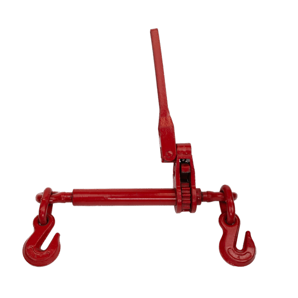 Product photo of Canyon Rigging's folding handle ratchet boomer, ratchet load binder. The Load binder has its handle out displaying its use.