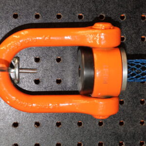 Canyon Rigging product photo of Swivel Hoist Ring. the bow of the ring is orange and the pin is black. The product is displayed on a product wall.