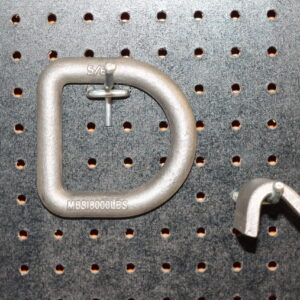 Canyon Rigging product photo for weld on D ring. This d ring is displayed on a product wall and is polished metal.