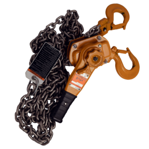 Kito Lever Hoist Product Photo. The product is orange and has its chain in a bundle. the hoist is equipped with two hooks with safety clips.