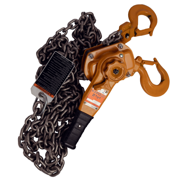 Kito Lever Hoist Product Photo. The product is orange and has its chain in a bundle. the hoist is equipped with two hooks with safety clips.