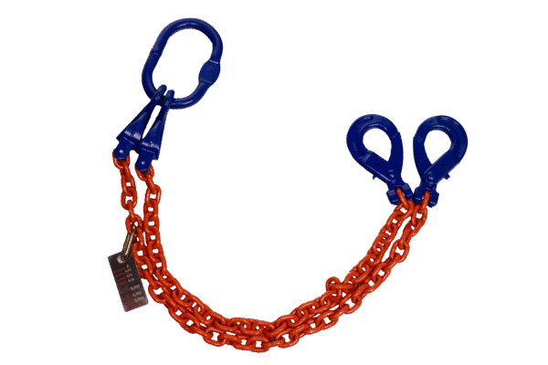 Product photo of Canyon Rigging Chain Sling. the sling is oriented in a semi circle formation. it has orange chain and blue rigging equipment.