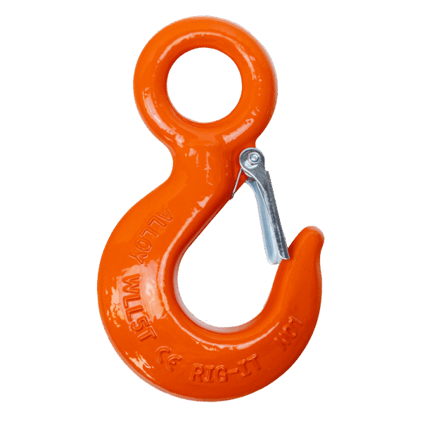This photo displays a Rig-It Eye Hook. The hook is a polished orange and includes a latch. This piece of rigging equipment is perfect for industrial applications.