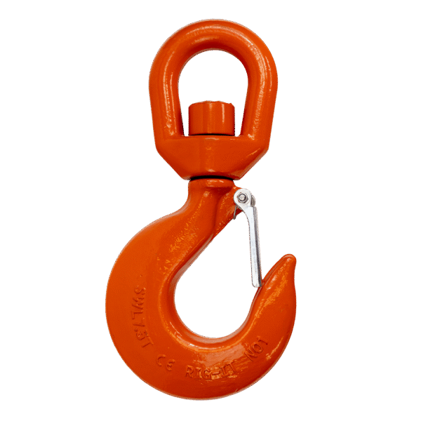 Product photo for Rig-It Swivel Hook. The Hook is orange and includes a swivel and latch