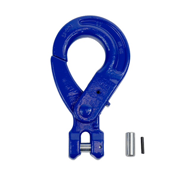 Product Photo for Rig-It Clevis Self Locking Hook. The hook is blue and how the pin mechanism on the side.