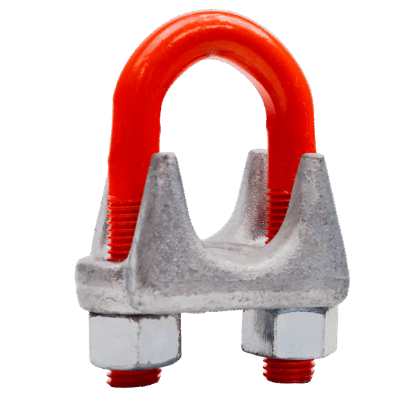 Product Photo of Wire Rope Clips. It has a transparent background and is coloured orange.