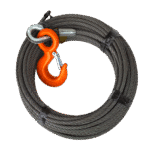 Canyon Rigging product photo of a Wire Rope Winch Line with Rig-It Eye Hook. It is wrapped up in a spool and read to be installed onto a truck.