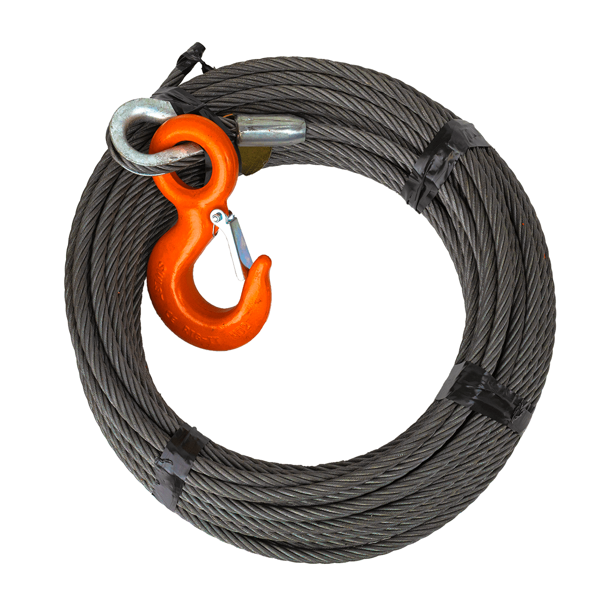 Canyon Rigging product photo of a Wire Rope Winch Line with Rig-It Eye Hook. It is wrapped up in a spool and read to be installed onto a truck.