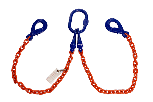 Product Photo of Canyon Rigging Chain Sling. it has orange chain and blue rigging equipment.