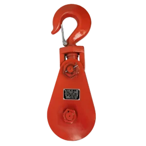 Rig-It Product photo for Single Sheave Snatch Block with Hook. The product is facing front and is painted an orange red.