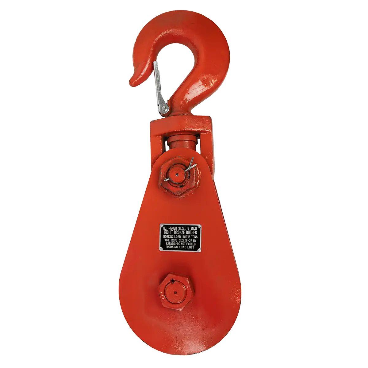 Rig-It Product photo for Single Sheave Snatch Block with Hook. The product is facing front and is painted an orange red.