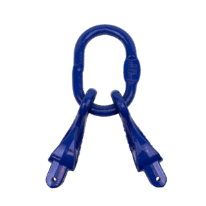 Canyon Rigging product photo of chain shortener master link. The master link is a deep blue and has two chain shorteners (holder) attached to the ring.