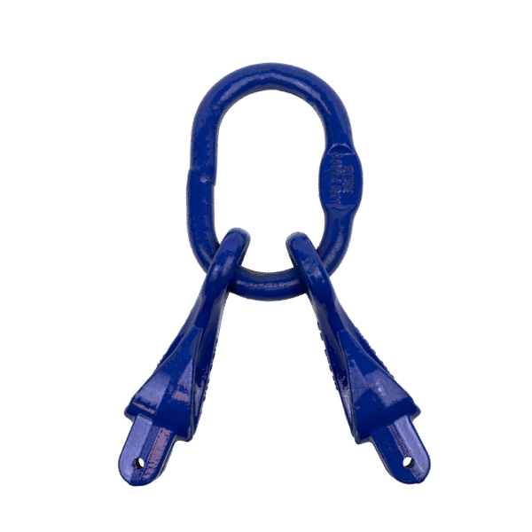 Canyon Rigging product photo of chain shortener master link. The master link is a deep blue and has two chain shorteners (holder) attached to the ring.