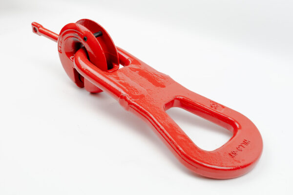 Product photo of Canyon Rigging's concrete lifting clutch. this concrete clutch is displayed with forced perspective to illustrate its size. the concrete lifting clutch is an orange red and displayed on a white background.