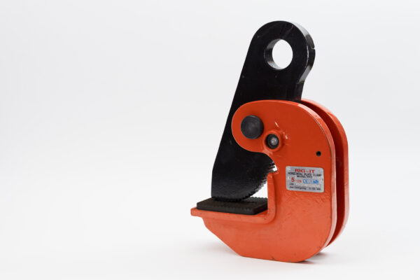 Feature photo of Canyon Rigging's Horizontal Plate Clamp. THe plate clamp has an orange body and a black clip. the background is a off grey white.