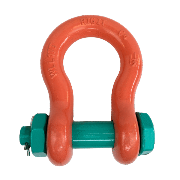 Canyon Rigging Product photo for Rig-It shackles. the shackles are peach with a light green pin.