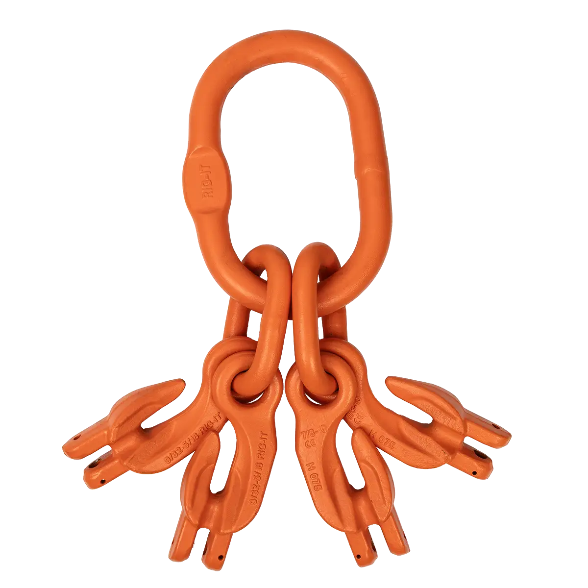 Canyon Rigging product photo of chain shortener master link. The master link is a deep blue and has two chain shorteners (holder) attached to the ring.