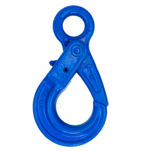 Rig-It Self Locking Eye Hook product photo. the hook is a light deep blue, and has a gloss painted finish.