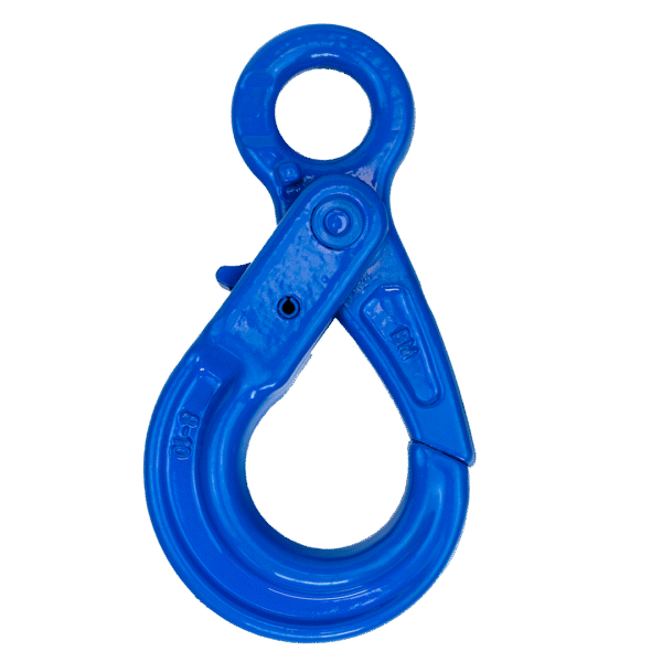 Rig-It Self Locking Eye Hook product photo. the hook is a light deep blue, and has a gloss painted finish.
