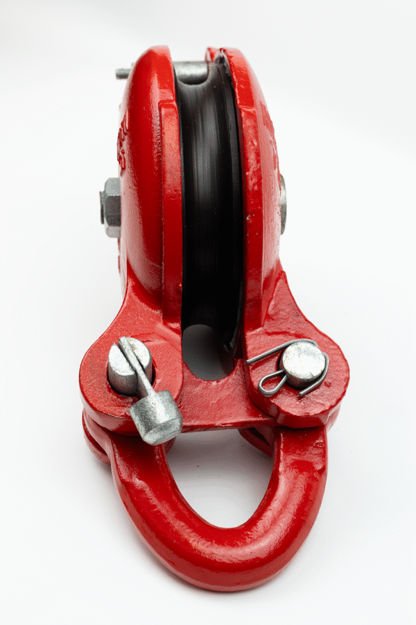 Single Sheave Painted Yarding Block product photo. the photo shows the connection point. It uses forced perspective to display its length.