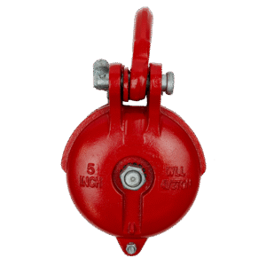 Product photo of a single sheave red painted yarding block sold by Canyon Rigging. The block is facing front and shines due to its glossy paint.
