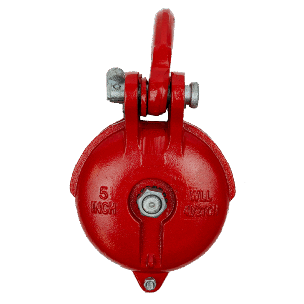 Product photo of a single sheave red painted yarding block sold by Canyon Rigging. The block is facing front and shines due to its glossy paint.