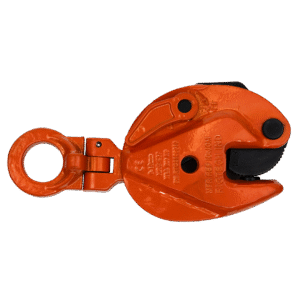 product photo of a Vertical Plate Clamp. THis photo has an orange place clamp with a universal eye. It is equipped with a black locking mechanism for safety.