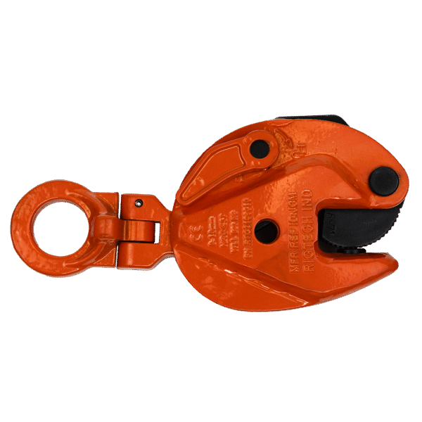 product photo of a Vertical Plate Clamp. THis photo has an orange place clamp with a universal eye. It is equipped with a black locking mechanism for safety.