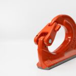 Rig it product photo of weld on bucket hooks. The product photo is displayed on its side. This photo displayed a forced perspective to illustrate its size.