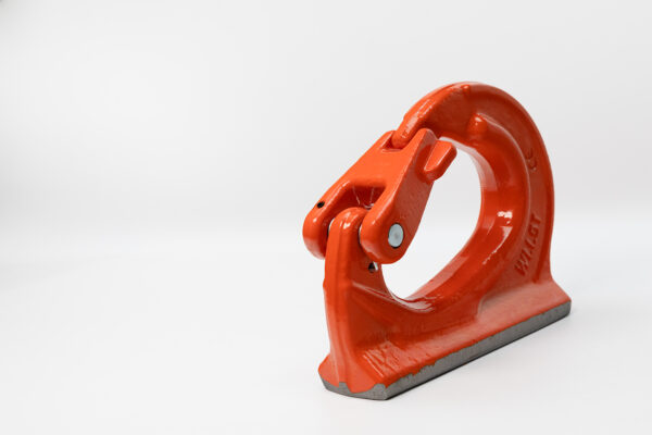 Rig it product photo of weld on bucket hooks. The product photo is displayed on its side. This photo displayed a forced perspective to illustrate its size.