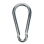 Product photo of a carabiner. The carabiner is made of a polished metal.