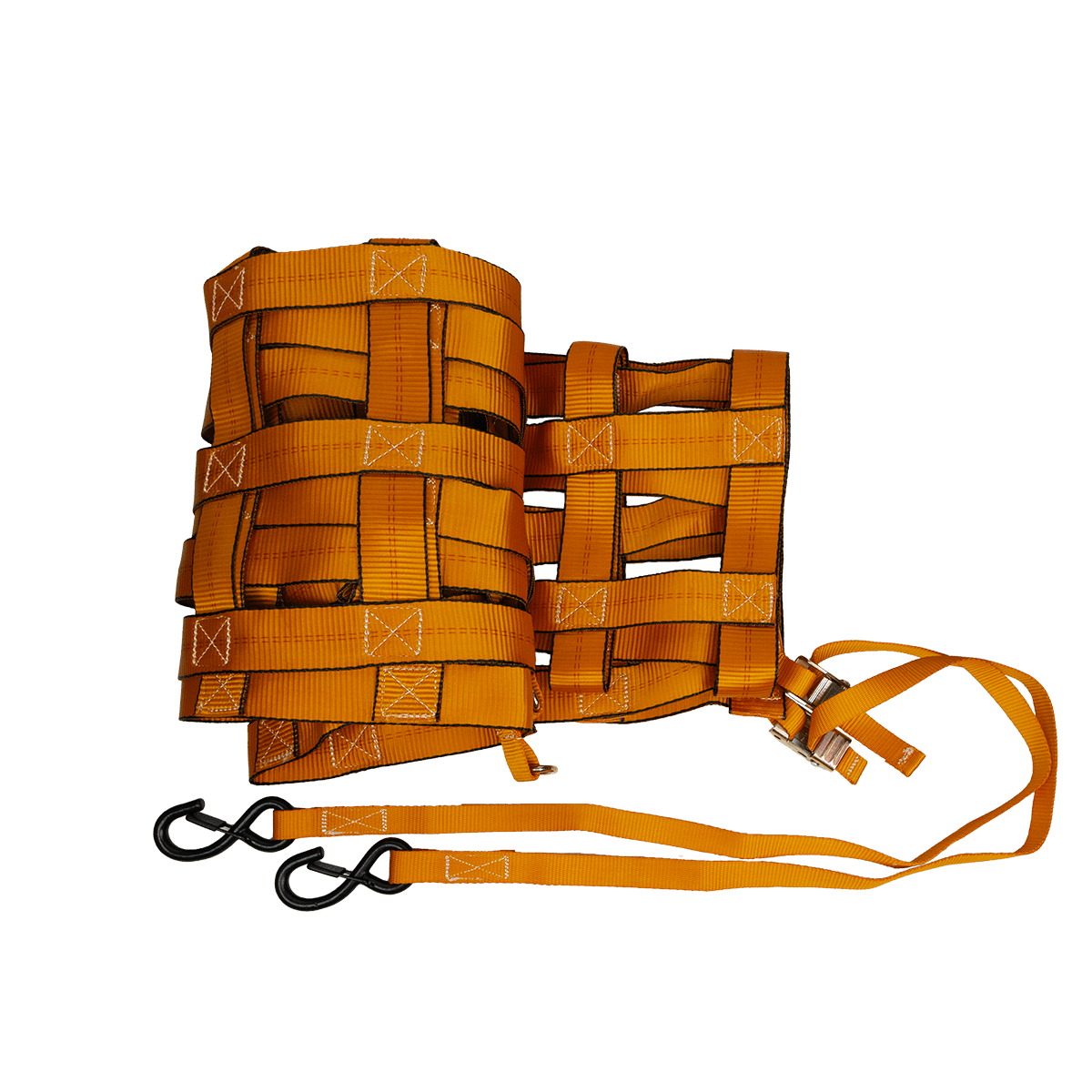 Canyon Rigging product photo of a cargo net. This photo shows the cargo net bundled up showing how small the net can get for storage purposes.