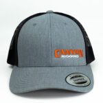 Canyon Rigging product photos of our rigging snap back cap. The hat is a grey with Canyon Rigging's logo on it. the back of the hat is mesh with a snap size adjuster. This is a photo of the front of the hat.