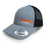 Canyon Rigging product photos of our rigging snap back cap. The hat is a grey with Canyon Rigging's logo on it. the back of the hat is mesh with a snap size adjuster.