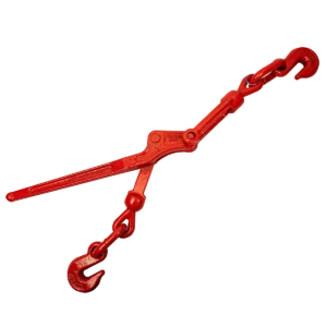 Lever Binder (lever load boomer) product photo for Canyon Rigging. The load binder is yellow and equipped with grab hooks on either end.