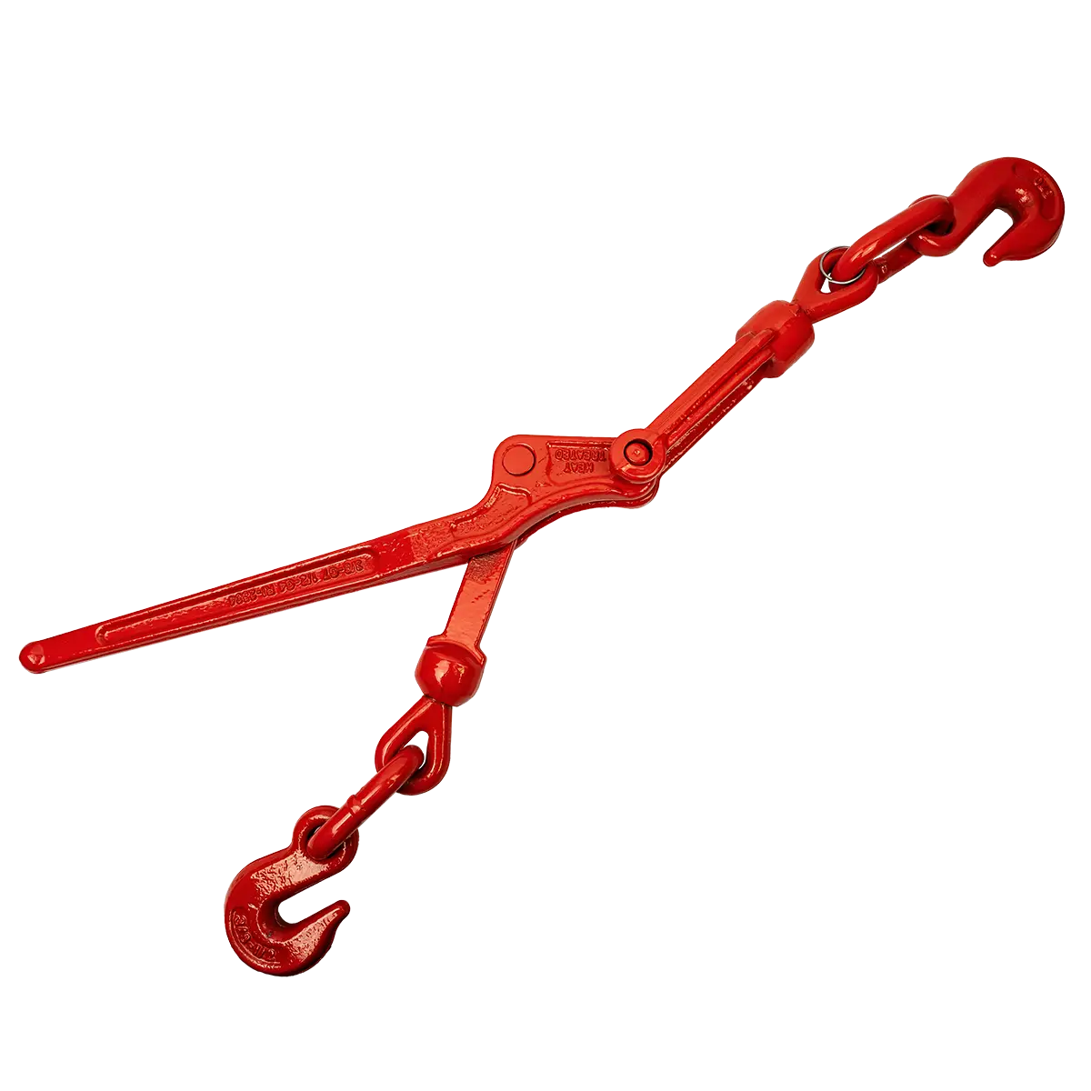 Lever Binder (lever load boomer) product photo for Canyon Rigging. The load binder is yellow and equipped with grab hooks on either end.