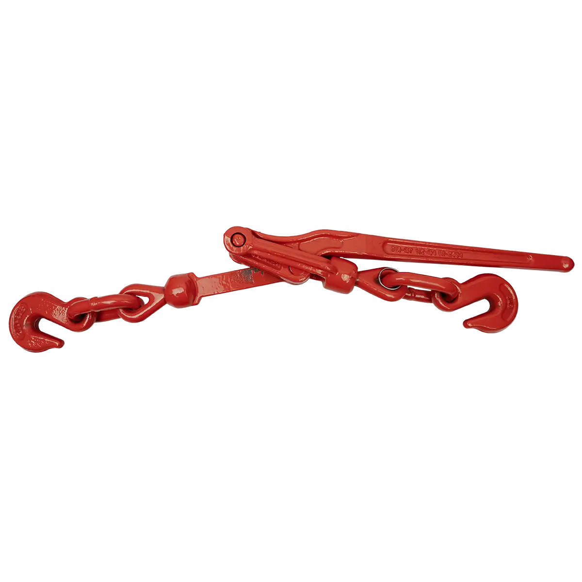 Canyon Rigging product photo of a lever load binder. THe binder is a red orange colour and has a grab hook on either end