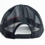Canyon Rigging product photos of our rigging snap back cap. The hat is a grey with Canyon Rigging's logo on it. the back of the hat is mesh with a snap size adjuster. This is a photo of the back of the hat.