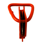 Canyon Rigging product photo of a D-ring E-fitting. the E-fitting is orange and the photo is from over the top of the product.