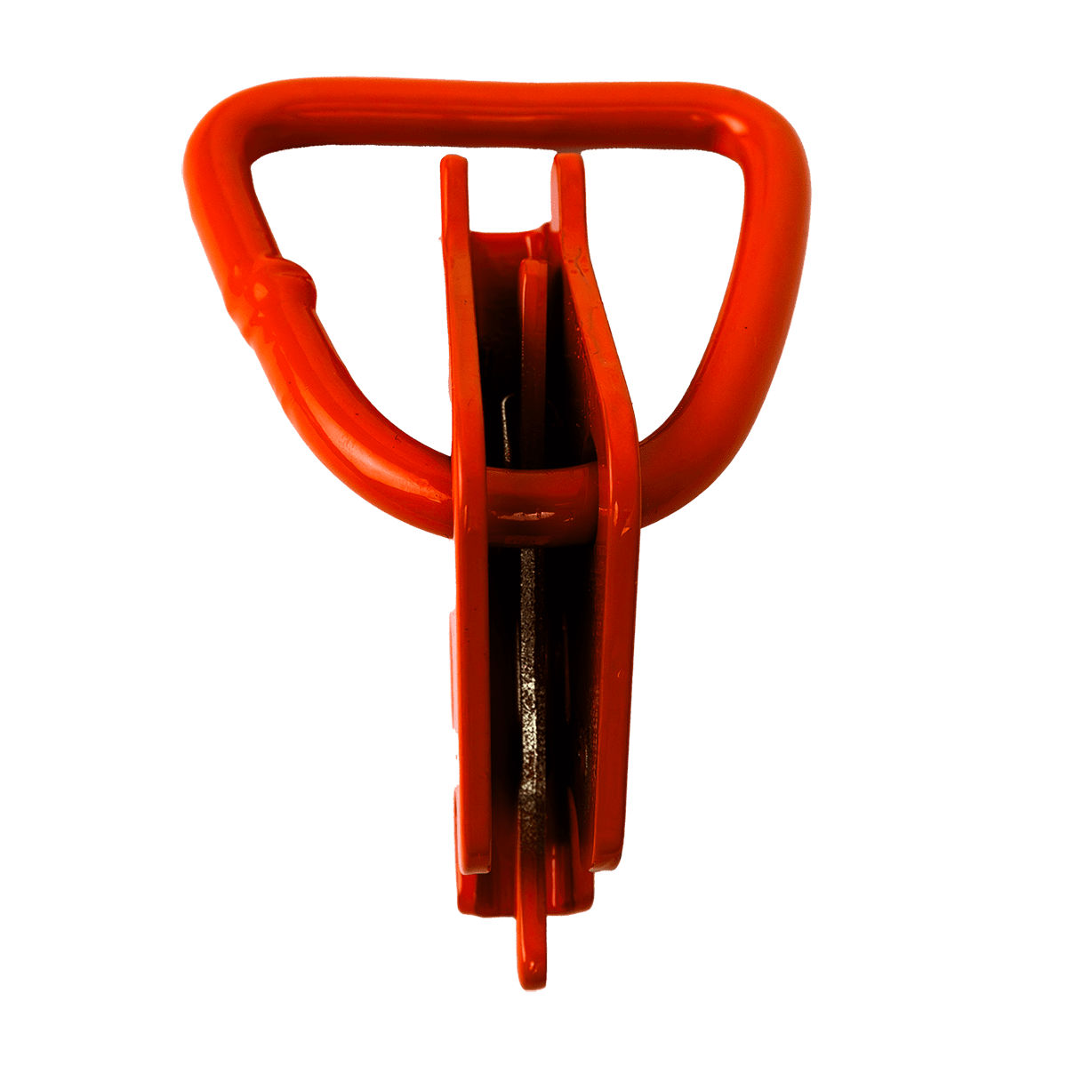 Canyon Rigging product photo of a D-ring E-fitting. the E-fitting is orange and the photo is from over the top of the product.