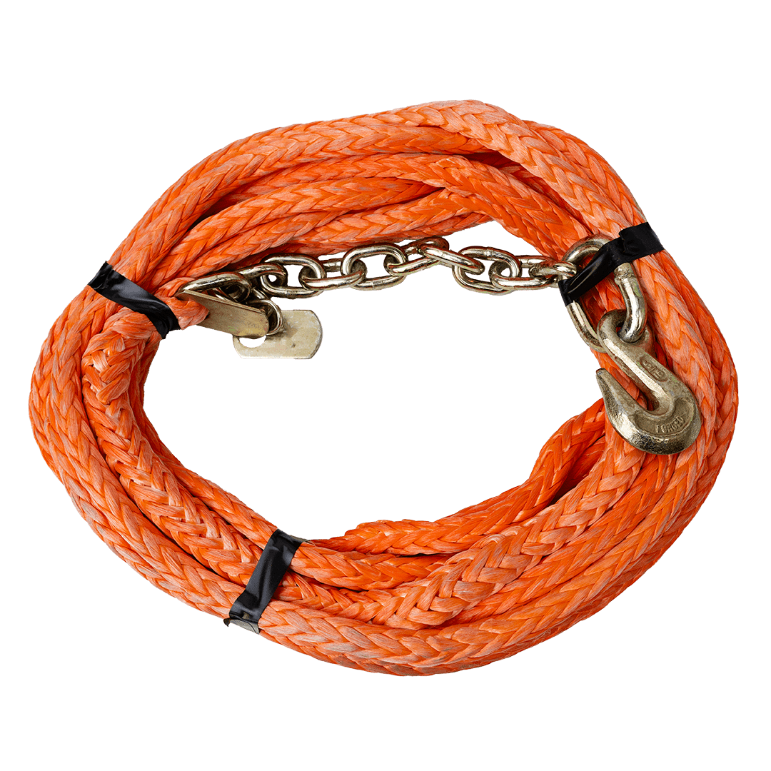 Canyon Rigging product photo of our Log Wrappers with grab hook. The rope is an orange colour and is made with HMPE rope.
