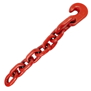 Product photo of a grade 80 winch line tail chain. the tail chain is a red orange paint coating.