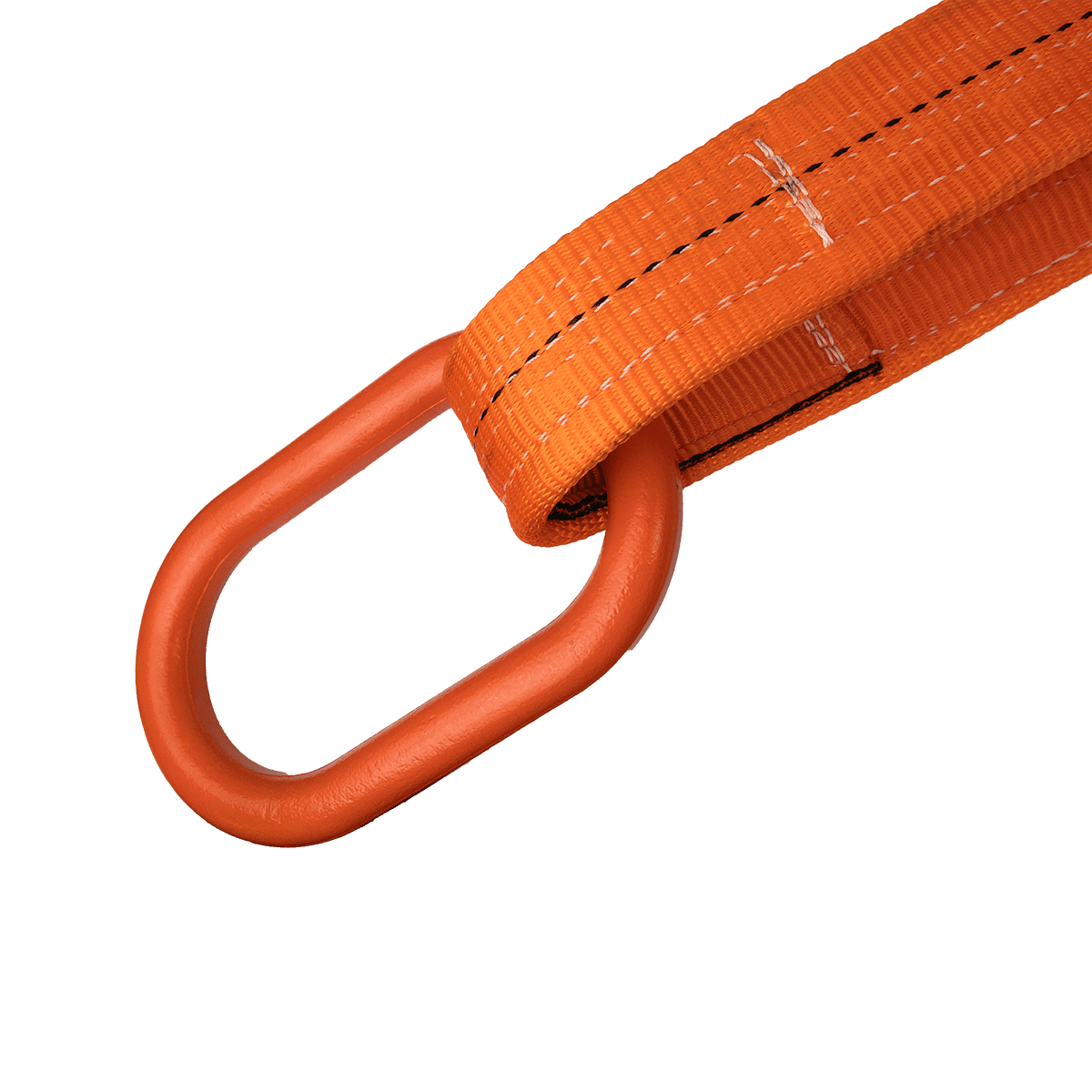 Product Photo of a tow strap with a focus on the master link. both the tow strap and master link are orange.